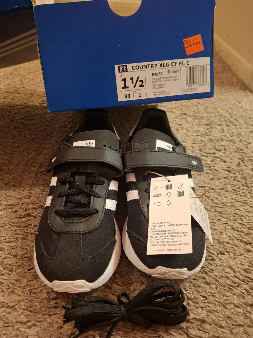Brand New Adiidas Kids Black and White Velcro Stripe Sneakers Size 1.5